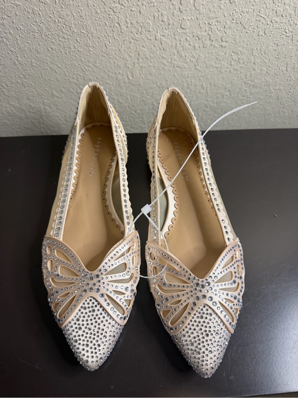 NWOB Copper Key Ritzie Satin Mesh Rhinestone Butterfly Flats Size 6